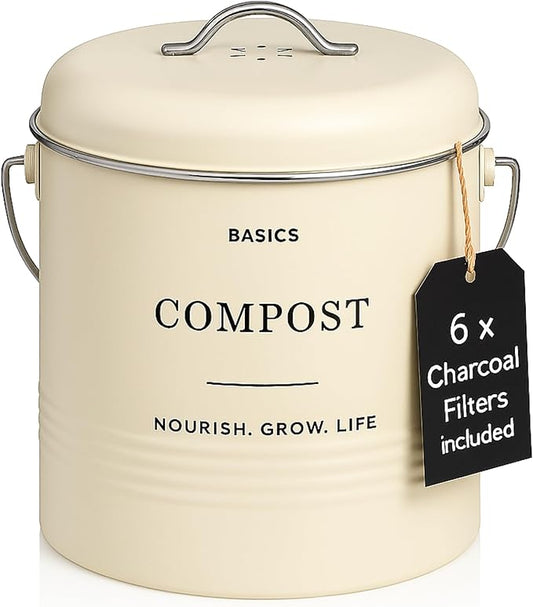 D'Lifeful Kitchen Compost Bin – 1.3 Gallon Countertop Farmhouse Compost Container with Lid – Odorless Indoor Food Scrap Pail with 6 Charcoal Filters – Eco-Conscious and Easy to Clean (Cream)