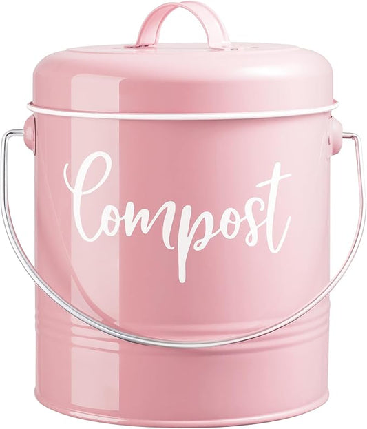 Compost Bin Kitchen, 1.3 Gallon Farmhouse Kitchen Compost Bin Countertop, Indoor Countertop Compost Bucket with Lid and Charcoal Filters, Pink