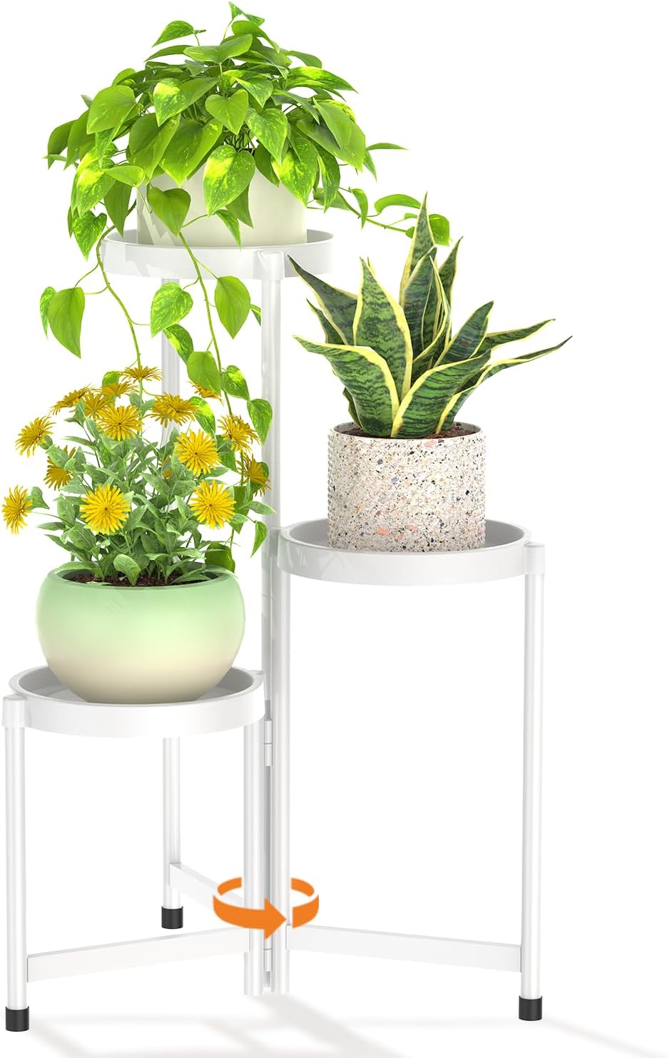 LASZOLA 3 Tiered Folding Plant Stand Indoor for Multiple Large Planter, Tall Heavy Duty Adjustable Rack with Rust Proof Plastic Shelving, Sturdy Vertical Tree Organizer for Narrow Inside Floor, White