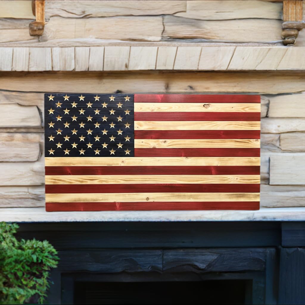 Rustic Wooden American Flag, Patriotic Wall Art (Weather Protected Finish, 13x25)