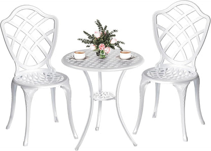 3 Piece Patio Bistro Set, Outdoor Bistro Table and Chairs Set of 2 w/Umbrella Hole, Rust-Resistant Cast Aluminum Bistro Set for Garden/Balcony/Backyard, White