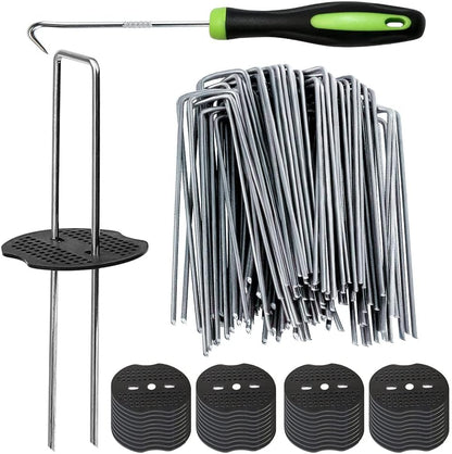 100Pcs Garden Stakes Staples + 100Pcs Gasket, Bakulyor 6 Inch Lawn Landscape Staples 11 Gauge U Shaped Galvanized Landscape Pins, Heavy Duty Yard Ground Pin for Weed Barrier Sod Fabric Decorations