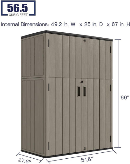 KINYING Outdoor Vertical Storage Shed,57 Cu.ft Outdoor Storage Cabinet Waterproof,Resin Sheds & Outdoor Storage Clearance for Garden,Patio,Backyard,Lockable (Brown)
