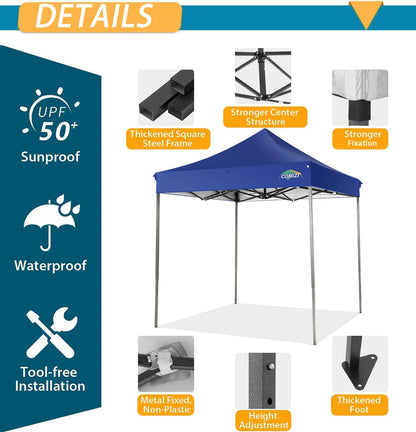 COBIZI 6.6x6.6 Pop Up Canopy Without Sidewall,Heavy Duty Canopy UPF 50+ All Season Wind Waterproof Commercial Outdoor Party Tents for Parties Canopy Gazebo with Storage Bag(6.6 x 6.6 ft Dark Blue)