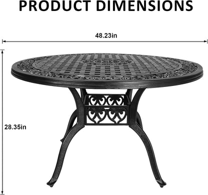 Cast Aluminum Patio Table,48" Round Patio Dining Table for 4-6 Person with Umbrella Hole,Metal Patio Table Outdoor Round Bistro Dining Table for Garden,Yard,Black