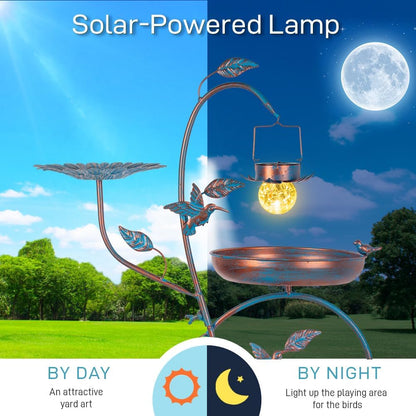 dreamysoul Metal Bird Bath for Outside, Birdbaths Outdoors with Planter and Feeder, Garden Blue Bird Baths with Solar Lights