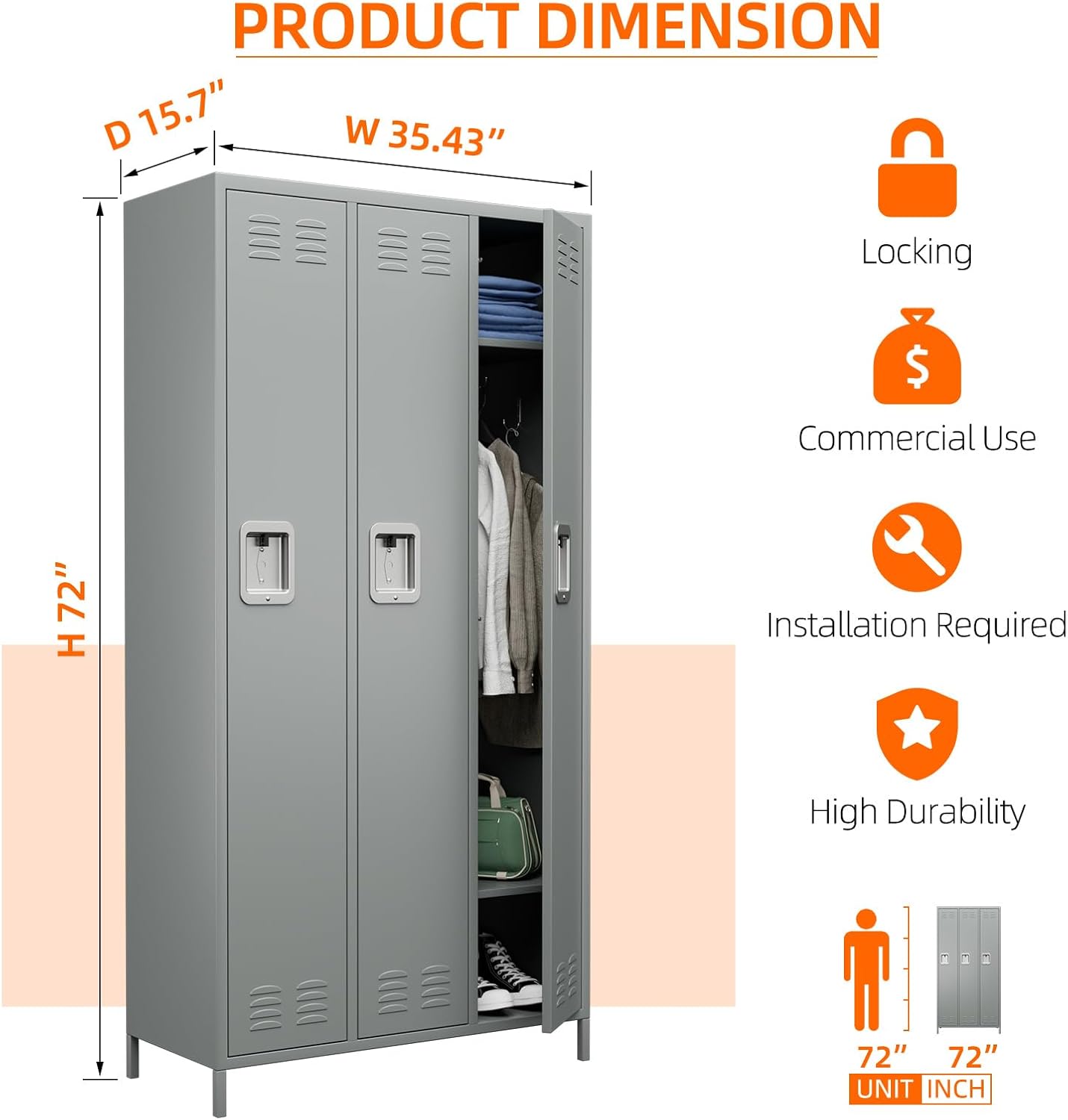 METAN Metal Locker for School Office Gym Bedroom,3 Doors Steel Storage Locker Cabinet for Employees,Industrial Storage Locker with 2 Shelves,Assembly Required (3 Door-Light Gray)