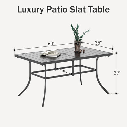 PHI VILLA 6-Person Outdoor Metal Steel Slat Dining Rectangle Table with Adjustable Umbrella Hole, Weather-Resistant for Patio Outdoor Use, Black