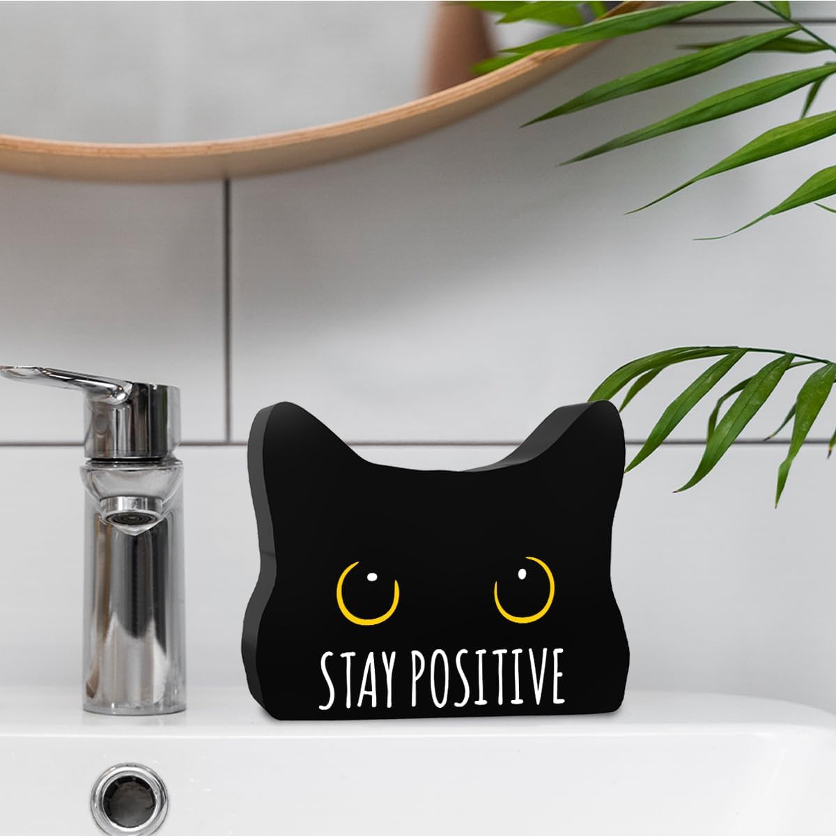 Stay Positive Funny Bathroom Acrylic Decor Sign Black Cat Decor Cat Decor for Home Bathroom Cat Lover Gifts For Women Men