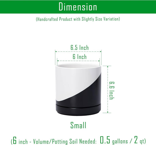 D'vine Dev 6.5 Inch Ceramic Planter Pot with Drainage Hole and Saucer, Indoor Cylinder Round Planter Pot, Oblique Monochrome Black and White, 94-O-C-K