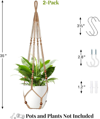 Jute Macrame Plant Hanger Indoor Set of 2 Hanging Planter Basket Flower Pot Holder with Decorative Wood Beads & No Tassels for Indoor Outdoor Boho Home Decor, 35 Inch Brown (Pots Not Included)