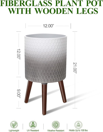 12 Inches Indoor Plant Pot with Walnut Color Stand Honeycomb Embossed Flower Pot with Drainage Holes Large Modern Planters for Indoor Plants-Gradient White Gray