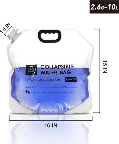 24/7 BAGS 8 Pack Collapsible Water Container Bag 2.6 Gallon/10 Liter, Heavy Duty with Carry Handles, Hikes, Trips, Weather Emergencies, and More, Foldable Water Bag