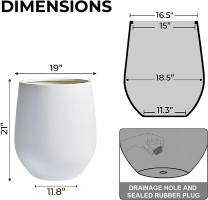 21" H x 19" D Corso Fiberstone Round Tapered Planter with Drainage Hole, Smooth Finishes, for Indoor and Outdoor Use, Included 2 Extra Coco Mats (White, 15" Pot Opening)