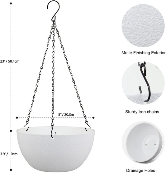 8 inch Small Hanging Planters for Indoor Outdoor Plants, 2 Pack Hanging Flower Pots with Drainage Holes and Chain for Garden Porch Plants, Plastic Hanging Baskets for House Plants, White