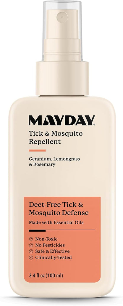 Mayday Tick & Mosquito Repellent – Deet-Free with Essential Oils – Geranium, Lemongrass & Rosemary – 3.4 oz (100 ml) – Non-Toxic, No Pesticides, Safe & Effective – Mosquito and Tick Repellent