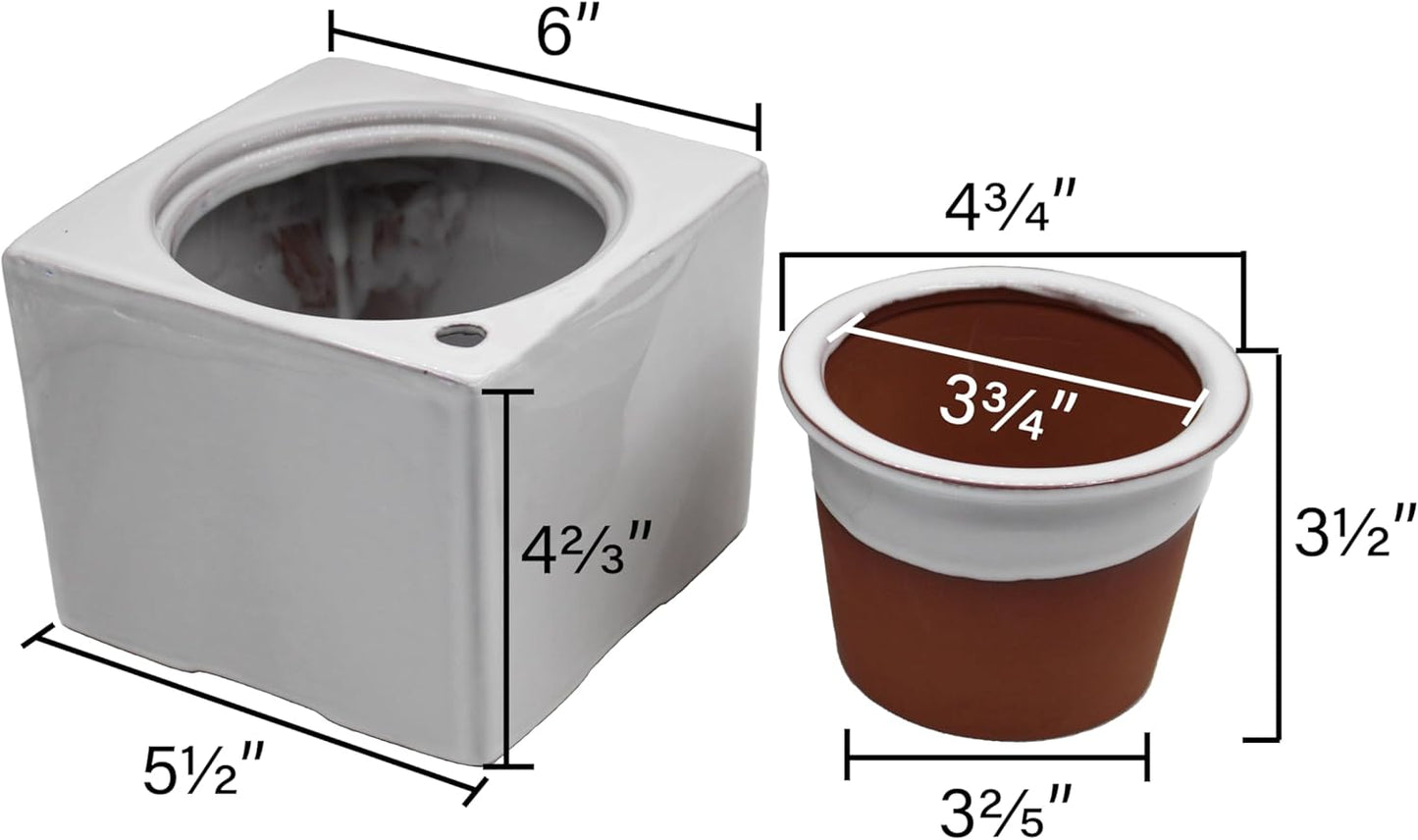 Ceramic African Violet Self Watering Pot 6 Inch Square Pot 3.5 Inch Innter Pot Easy Fill Water Reservoir White