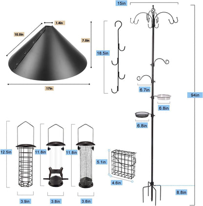 Bird Feeding Station Kit with Squirrel Baffle Bird Feeder Pole with Suet Cage Mesh Tray Fruit Hook Double W Hook for Attracting Wild Birds and Hanging Planter Hanger Lights