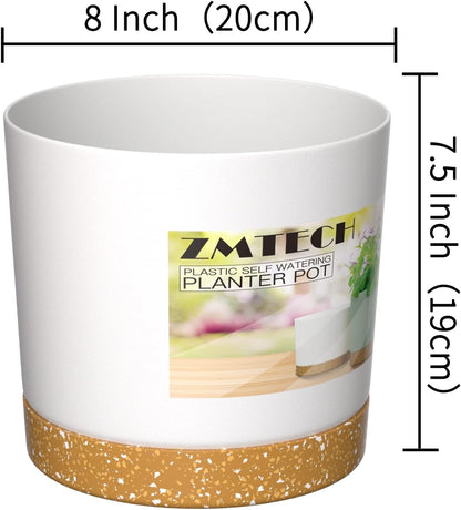 ZMTECH Plant Pots, Set of 3 8'' Self Watering Plastic Planter with Drainage Hole and Saucer, Modern Decorative Flower Pot for Indoor Outdoor House Plants, Succulents, Flowers - White