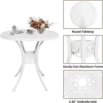 3 Piece Cast Aluminum Bistro Set With Umbrella Hole, Outdoor Patio Furniture With Adjustable Foot Cap, Metal Table and 2 Chairs for Garden, White