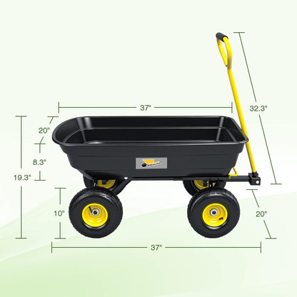 Garden Dump Cart, Heavy-Duty Utility Wagon with 600 lb Capacity, 4 Cu Ft Bed, 10" Pneumatic Tires, 180° Pivot Steering for Yard, Lawn, and Beach Use