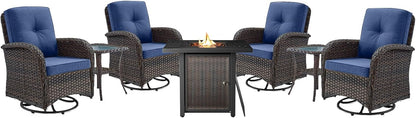 7 Pieces Patio Furniture Set with Fire Pit Table - 4 Outdoor Swivel Rocker Chairs with 50000BTU Propane Fire Table and 2 Side Table, Outdoor Conversation Set for Casual Gathering
