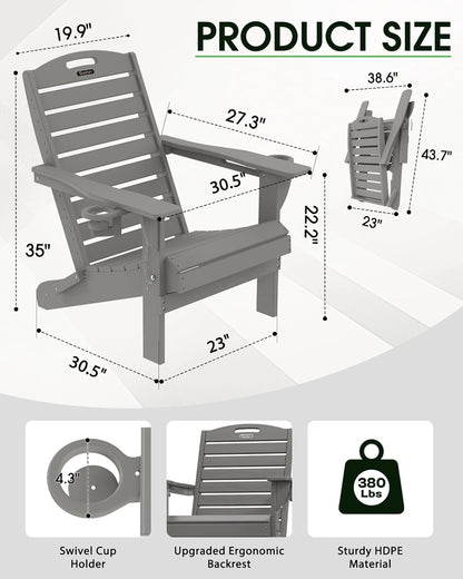 Adirondack Chairs Set of 2, Outdoor Fire Pit Chairs, HDPE All-Weather Adirondack Chairs with Cup Holder, Lawn Chair for Deck, Patio, Garden (Grey)