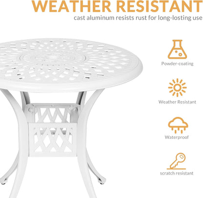 3-Piece Outdoor Patio Dining Set, All-Weather Cast Aluminum Patio Furniture Set for Backyard Garden Deck with 2 Cushioned Chairs and 31” Round Table, 2" Umbrella Hole, White