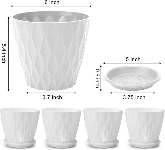 6 inch Plant Pots, 5 Pack Flower Pots Outdoor Indoor, Planters with Drainage Hole and Tray Saucer（White