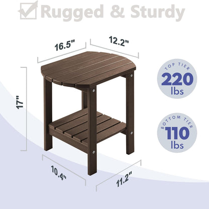 PASAMIC Outdoor Side Table, HDPE Adirondack Oval Side Table with 2-Tier Storage, Weather Resistant Outdoor End Table for Patio, Backyard, Pool, Indoor Companion, Beach, Easy Maintenance Table (Brown)