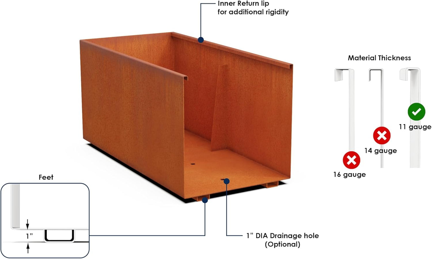 Large Rectangular Planters for Outdoor Plants | 48x12x18 Corten Steel Planter - Extra Large Outdoor Planter Box for Patios, Garden Borders & Modern Landscapes