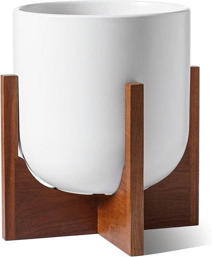 LE TAUCI 10 Inch Plant Pot with Acacia Wood Stand, Ceramic Planters for Indoor Plants, Unique Plant Pots Indoor for Home Decor, Mid-Century Modern Pots for Plants with Drainage Hole and Plug, White