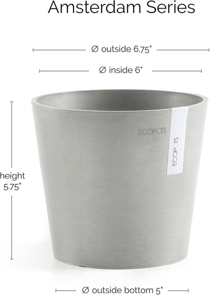 Ecopots Amsterdam Mini Durable Modern Round Recycled-Based Composite Flower Pot Planter, White Grey, 7"