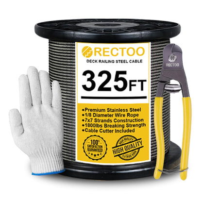 Black 325FT 1/8" T316 Stainless Steel Cable with Cutter, 7x7 Strands Aircraft Wire Rope for Deck Railing, Stair Handrail, Porch Fence, High Strength for Indoor and Outdoor Use
