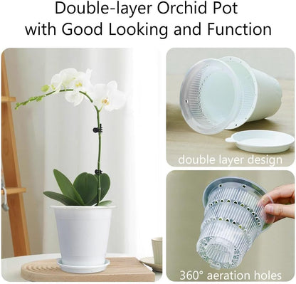 4 inch Clear Orchid Pots with Holes Match White Plastic Orchid Planter,Set of 2,Double Layer Plant Nursery Pots Own Scientific Controlling Roots Technology