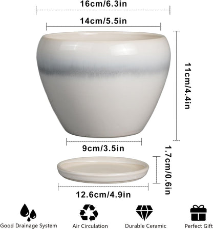 Planter Pot 6 Inch - Ceramic Plant Pot with Drainage Hole and Saucer, Round Glaze Succulent Pot for Plants, White
