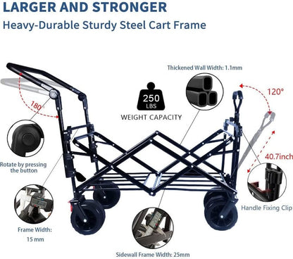 Collapsible Wagon Heavy Duty Folding Wagon Cart with Removable Canopy, 4" Wide Large All Terrain Wheels, Brake, Adjustable Handles,Cooler Bag Utility Carts for Outdoor Beach Cart Garden Wagons Carts