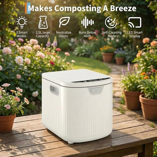 2.5L Electric Countertop Compost Bin, Food Cycler with Auto-Clean & LED Display, Quiet Odor-Free Food Waste Recycler for Kitchen, Turns Scraps into Fertilizer for Garden