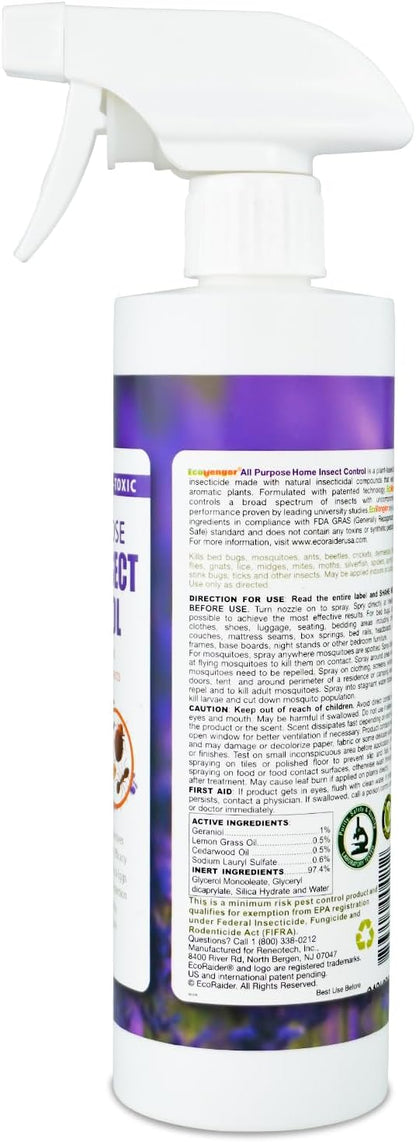 EcoVenger by EcoRaider All Purpose Insect Control 16 oz, Fleas, Fruit Flies, Gnats, Moths, Roaches, Spiders, Fast Kill, Lasting Prevention, Kill Eggs, Plant Extract Based & Non-Toxic, Child & Pet Safe