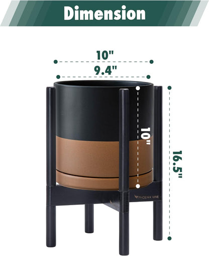 D'vine Dev Ceramic Planter with Ebony Stand - 10 Inch Modern Round Flower Pot with Wood Planter Holder, Black/Speckled Tan, 55-B-L-7