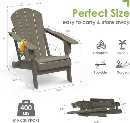 GREENVINES Folding-Adirondack-Chair | Wood Grain | HDPE Plastic | Fire Pit Chairs | All Weather | Cup Holder | Desert Brown | for Deck Backyard Patio Outdoor