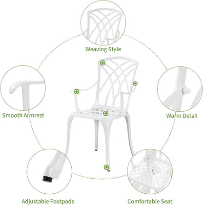 Cast Aluminum Bistro Table and Chairs Set of 2 with 1.97" Umbrella Hole,Weather Resistant 3 Piece Bistro Patio Set Outdoor Patio Furniture Set for Front Porch,Garden,Woven White