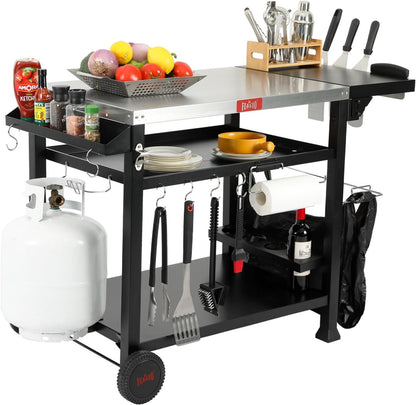 Outdoor Grill Table Cart, Pizza Oven Table Stand for Outdoor Indoor, 40" x 26" Stainless Steel Tabletop Dining BBQ Grill Table with Wheels for Food Prep, 3-Shelf Kitchen Cart Table with Cover
