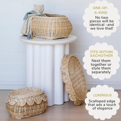 BEBE BASK The Original Scalloped Basket Set Of 2 – Small Scallop Basket - 15 x 10 x 6 In - Hand-Woven & Award-Winning - Elegant Wicker With Scalloped Edge Lid - Nursery Storage - (Natural)