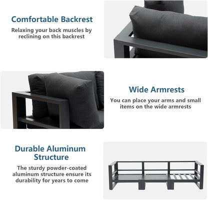 Modern 3 Seater Sofa Outdoor Sectional Sofa Set Patio Conversation Sofa Sets for Garden Backyard, Dark Grey Cushions