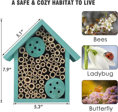 Mason Bee Houses Outdoor Wooden Blue Bee Hotel for Garden and Yard Hand-Made Bamboo Bee Hive for Bees Butterflies and Ladybugs, Medium Size 8"x7.5"x5"
