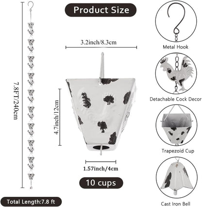 7.8FT Rain Chain for Outside, Rain Chain with 10 Rooster Cups Adjustable Rain Chains for Gutters, Eaves, Drainage, Replacement for Downpout