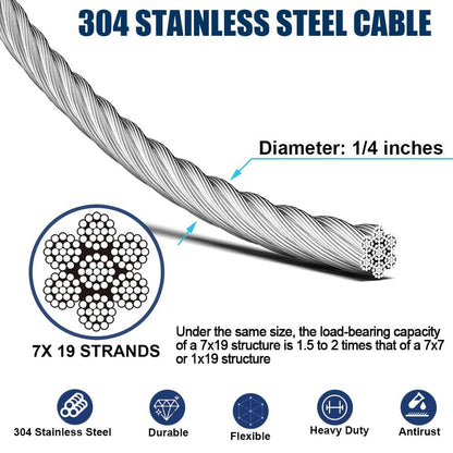 1/4" Wire Rope Kit, 100ft Stainless Steel Cable with 4Pcs 1/4 Turnbuckle, Clamp & Thimble, 7x19 Strands Heavy Duty Metal Cable,1400 lbs Load Limit, Turnbuckles for Cables Wire, Zipline