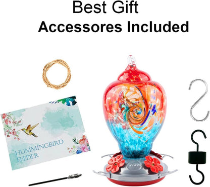 WOSIBO Hummingbird Feeder for Outdoors Patio Large 32 Ounces Colorful Hand Blown Glass Hummingbird Feeder with Ant Moat Hanging Hook, Rope, Brush and Service Card (Red-Blue)