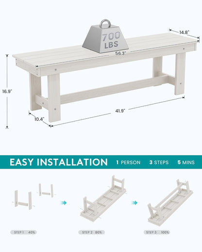 SERWALL 2-Person Outdoor Bench Backless, HDPE Outdoor Benches Weatherproof, 700 Lbs Weight Capacity, Poly Lumber Patio Furniture for Garden, Porch and Park, White